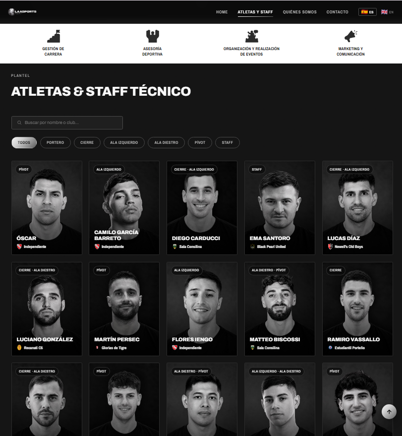 LAA Sports: atletas y staff técnico con buscador y filtros por posición